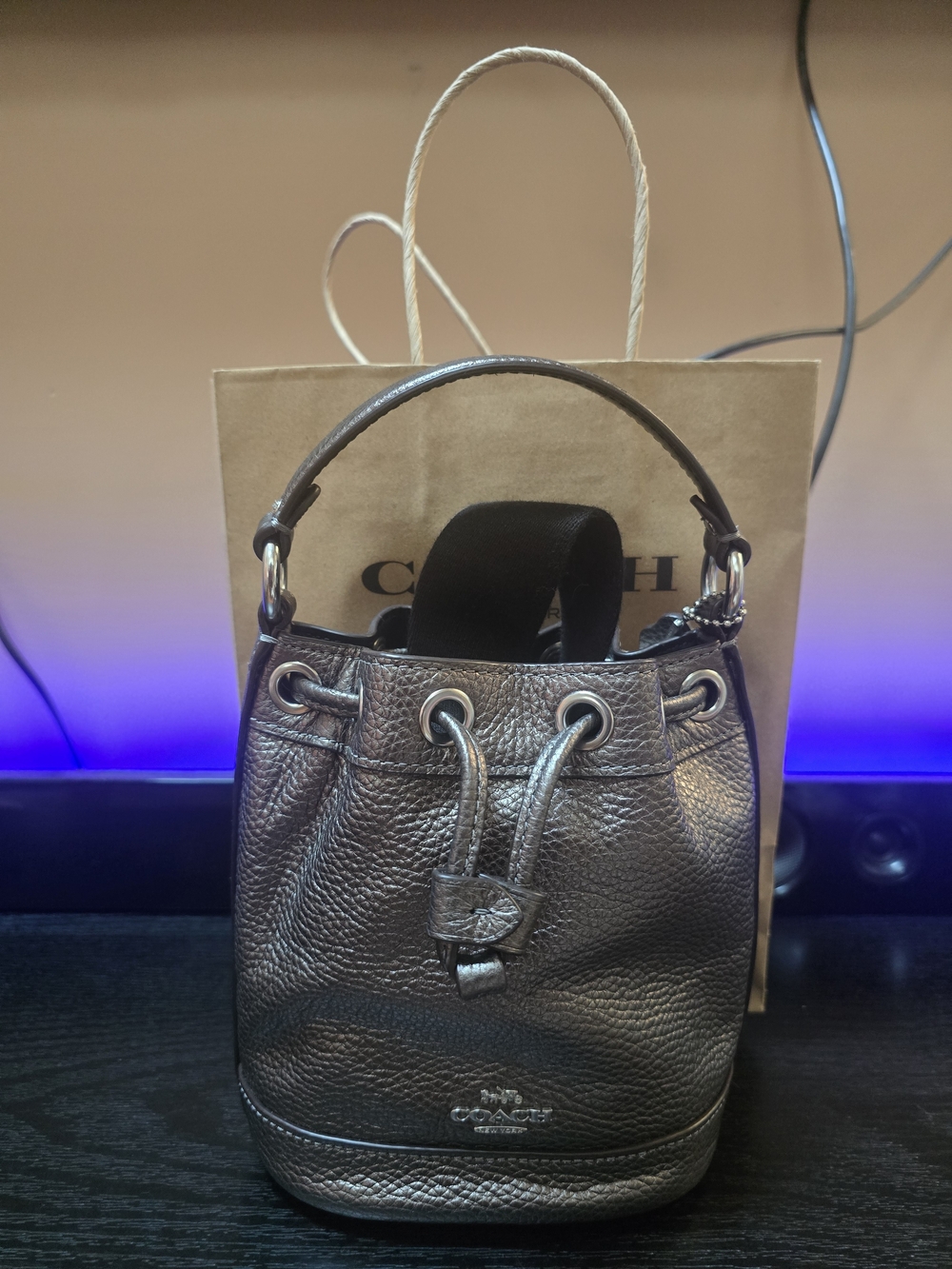 COACH Metallic Pebbled Leather Drawstring Mini Bucket Bag - Pewter